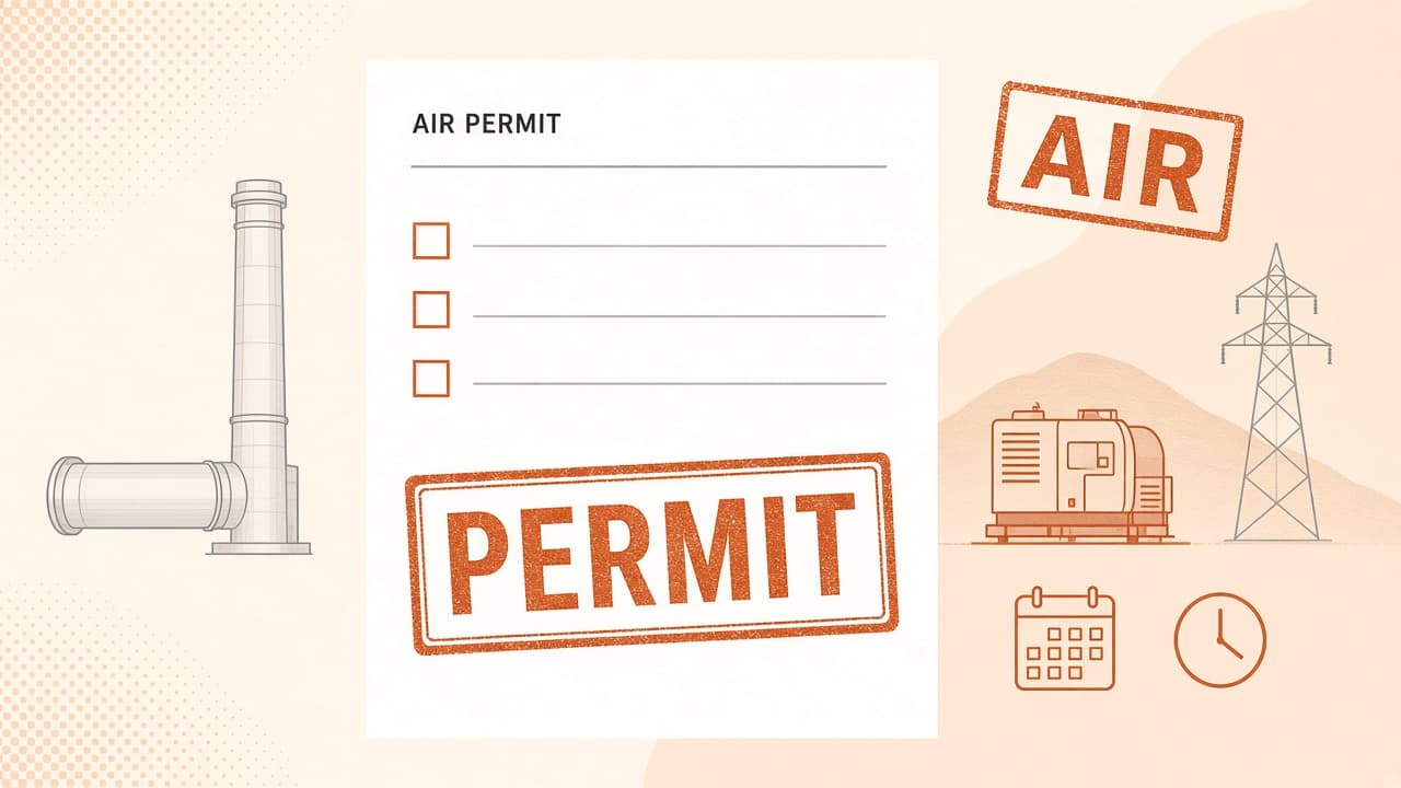 Cream and orange editorial illustration of an air-permit docket stamped PERMIT and AIR, a stack, a generator, and transmission lines