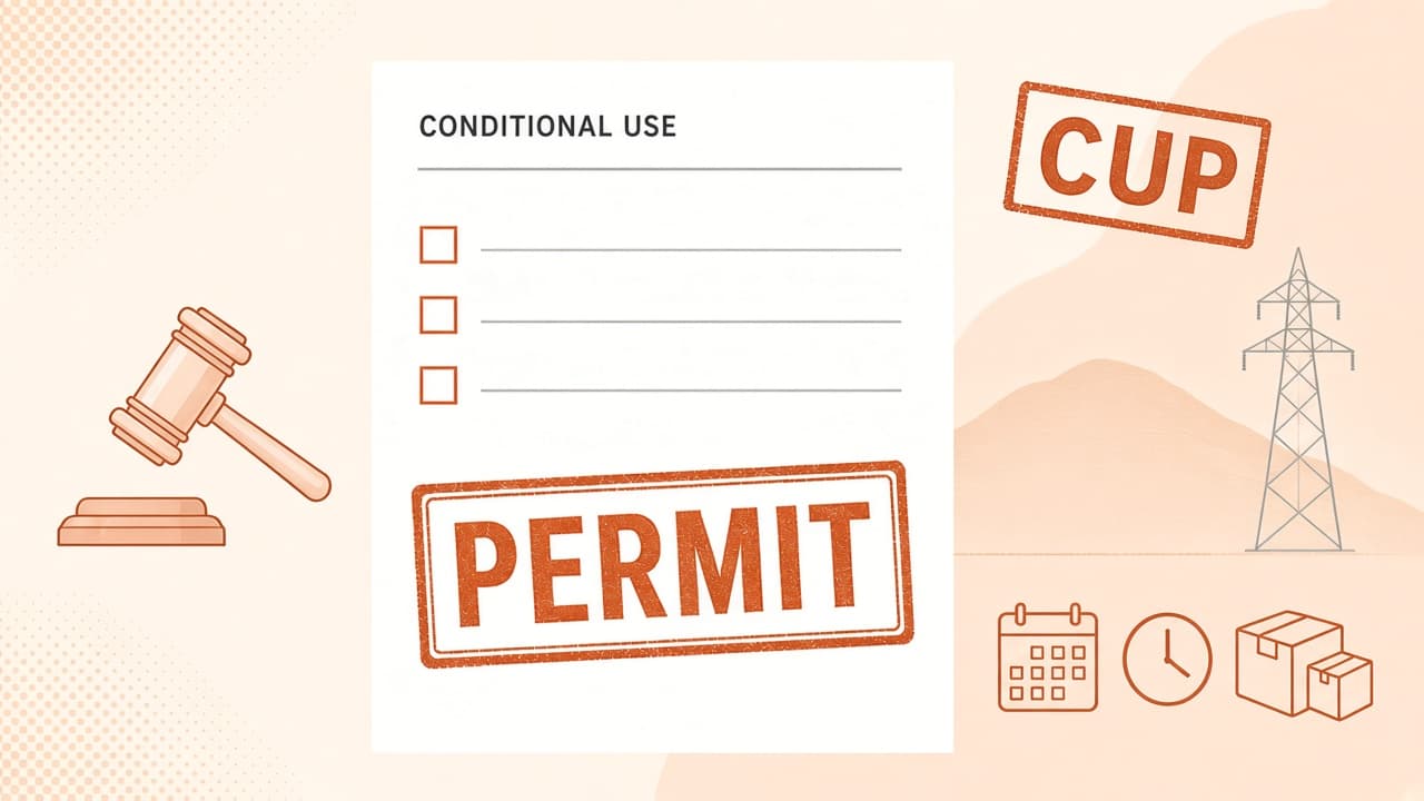 Cream and orange editorial illustration of a conditional-use docket stamped PERMIT and CUP, a gavel, a parcel outline, and transmission lines