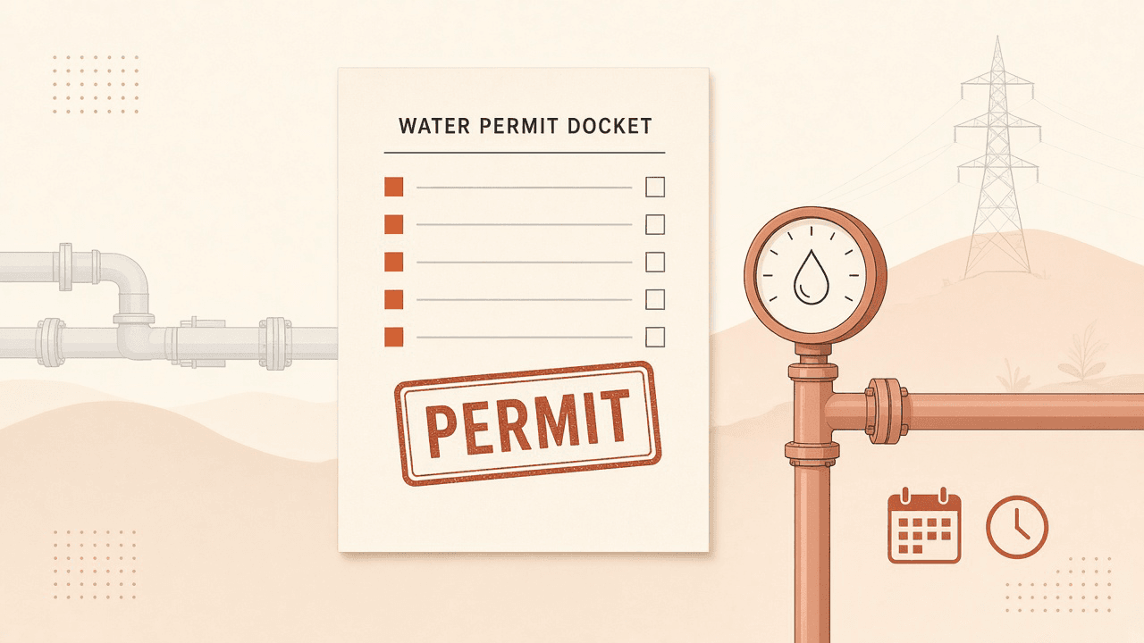 Cream and orange editorial illustration of a water-permit docket stamped PERMIT, a withdrawal gauge, and transmission lines