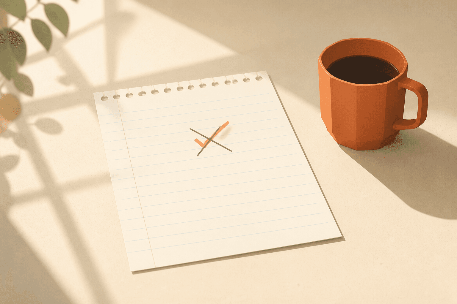 A nearly blank notebook page with a skip mark beside a coffee mug in morning light