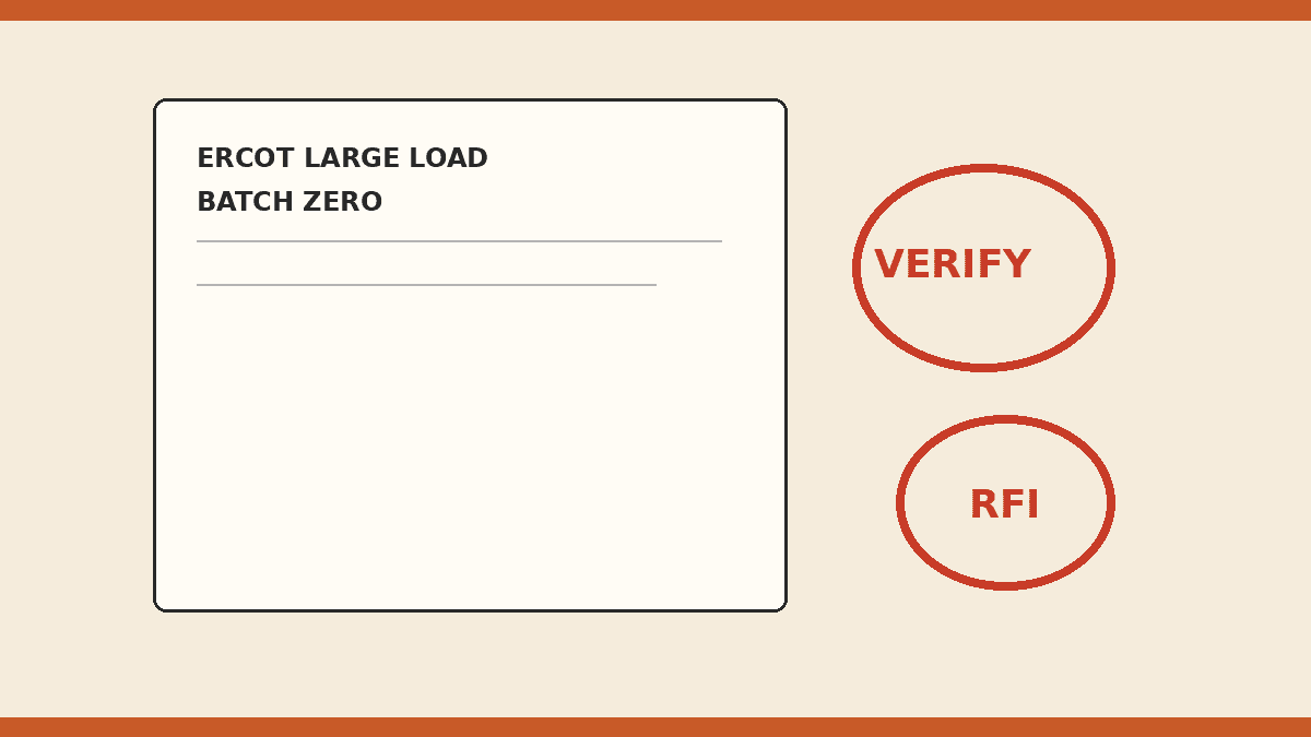 Cream and orange editorial illustration of an ERCOT Batch Zero verification sheet stamped VERIFY and RFI