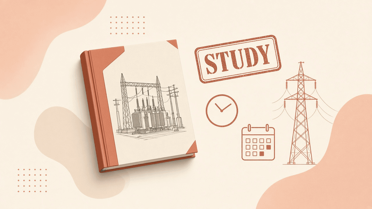 Cream and orange editorial illustration of a study packet, a STUDY stamp, a clock and calendar, and a transmission tower