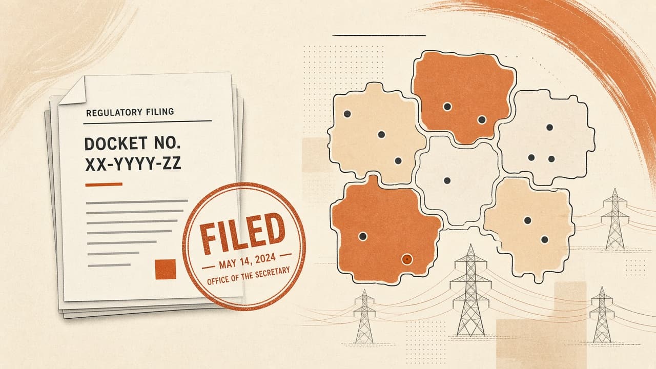 A stamped regulatory filing beside an abstract ISO map and transmission towers