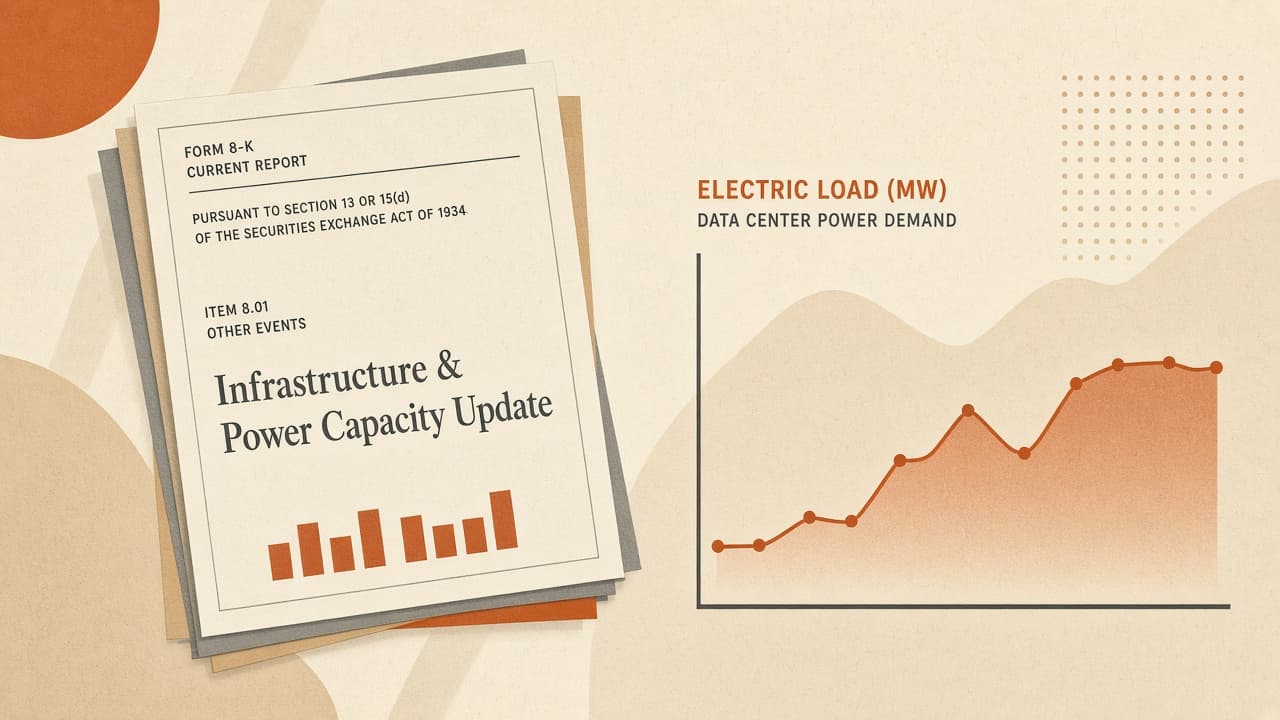 A Form 8-K current report beside an electric-load chart labeled in megawatts