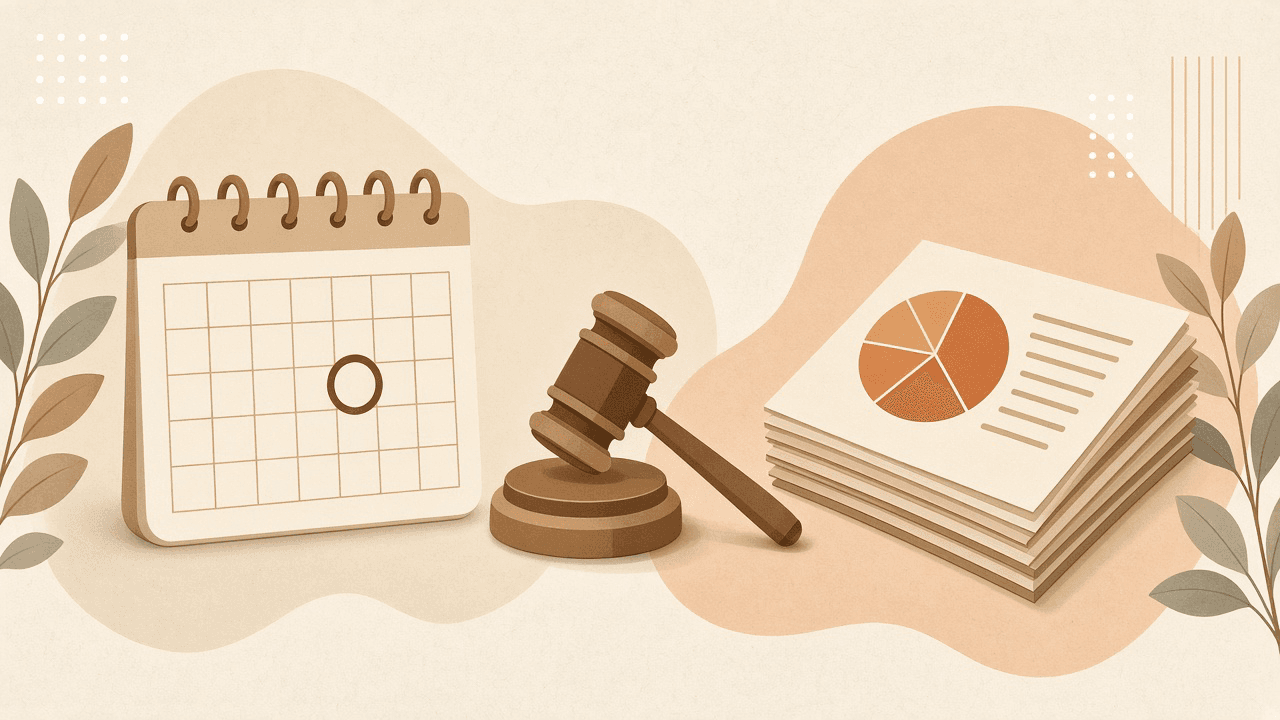 Calendar with a circled hearing date beside a gavel and public dockets