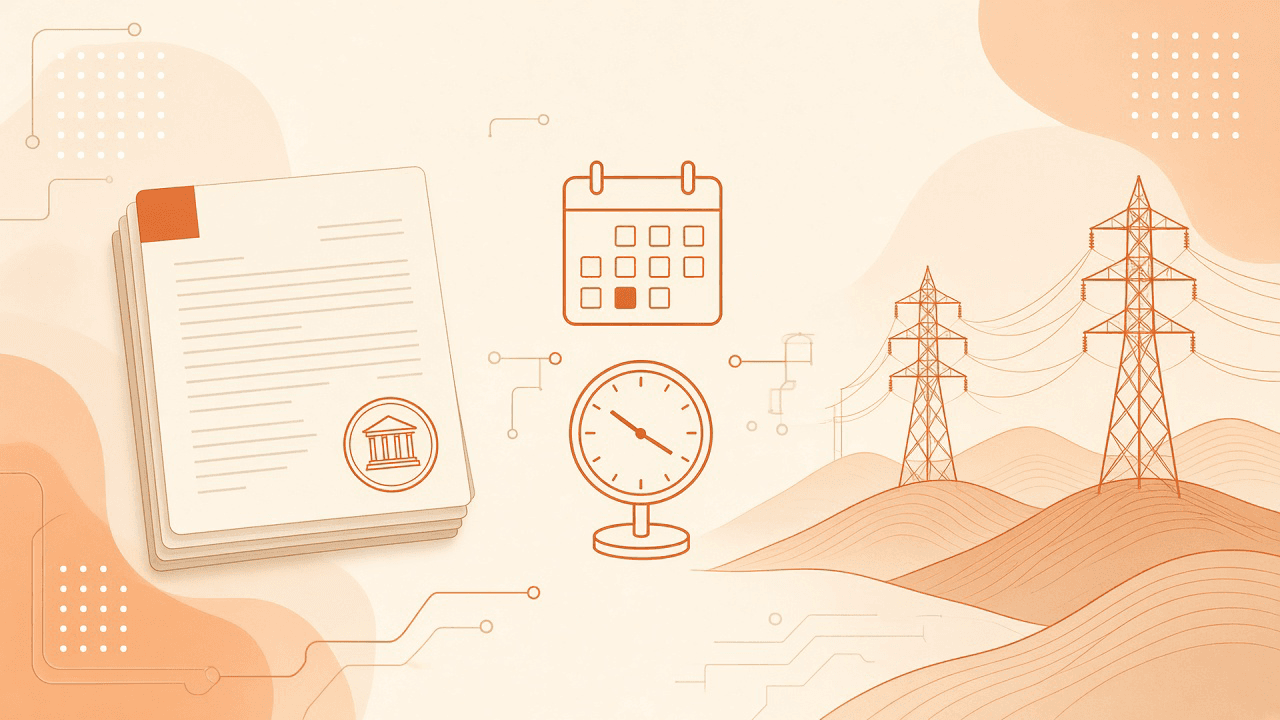 Cream and orange editorial illustration of docket papers, a clock, and transmission lines for a state PUC large-load tariff hearing