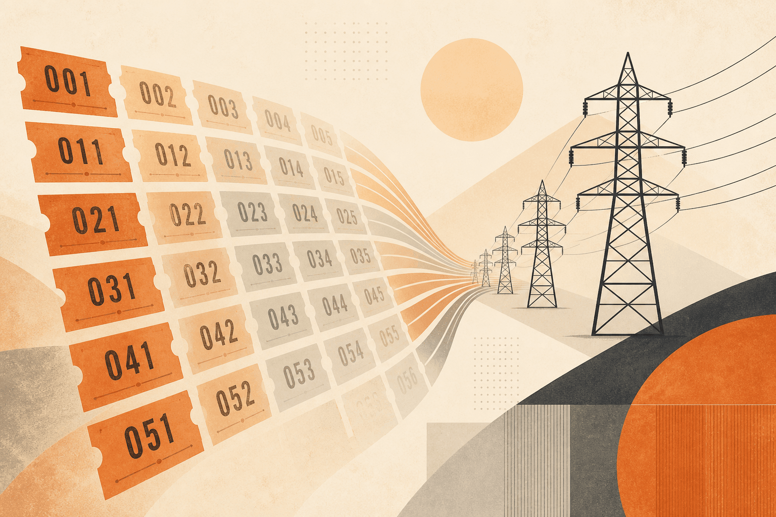 Numbered queue tags funneling toward a line of transmission towers