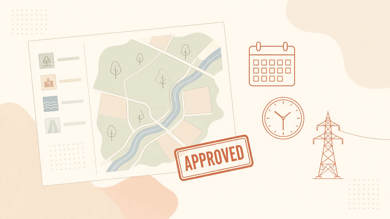 Cream and orange editorial illustration of a stamped site-plan map, calendar and clock, and power lines