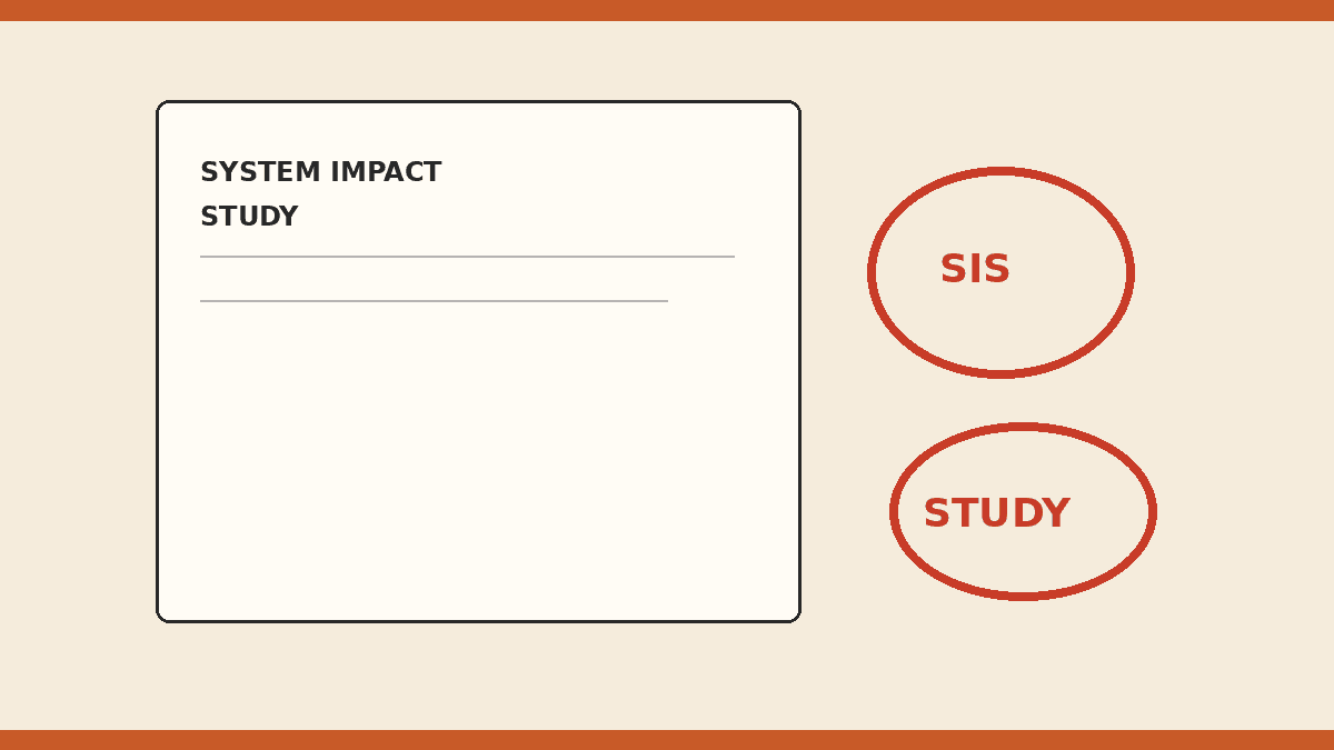 Cream and orange editorial of a system impact study packet stamped SIS and STUDY