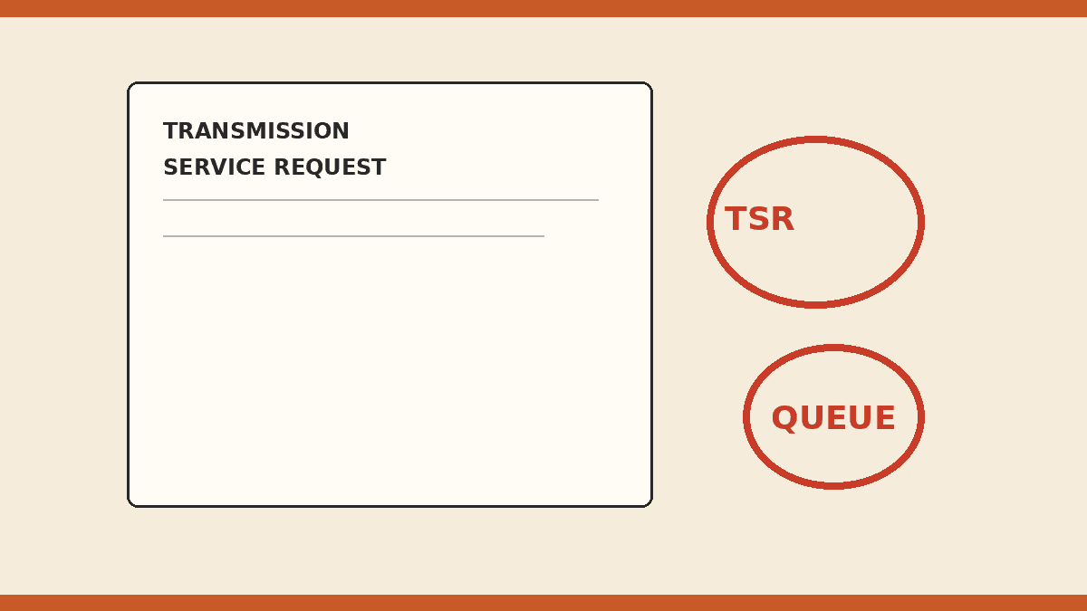 Cream and orange editorial illustration of a transmission service request sheet stamped TSR and QUEUE