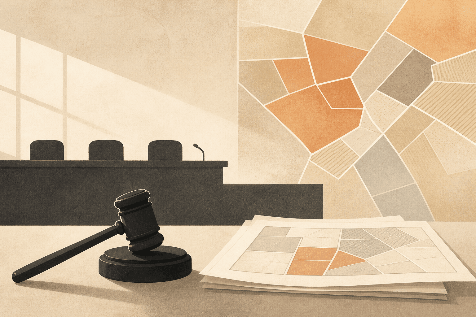 Hearing-room gavel and parcel maps on a table under a wall zoning map