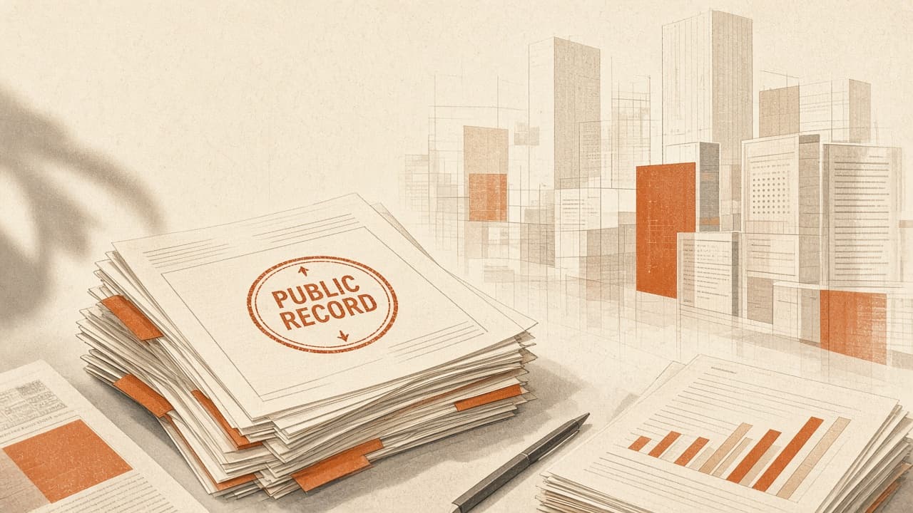 Stamped public-record papers and a city skyline in Watt Brief cream and orange